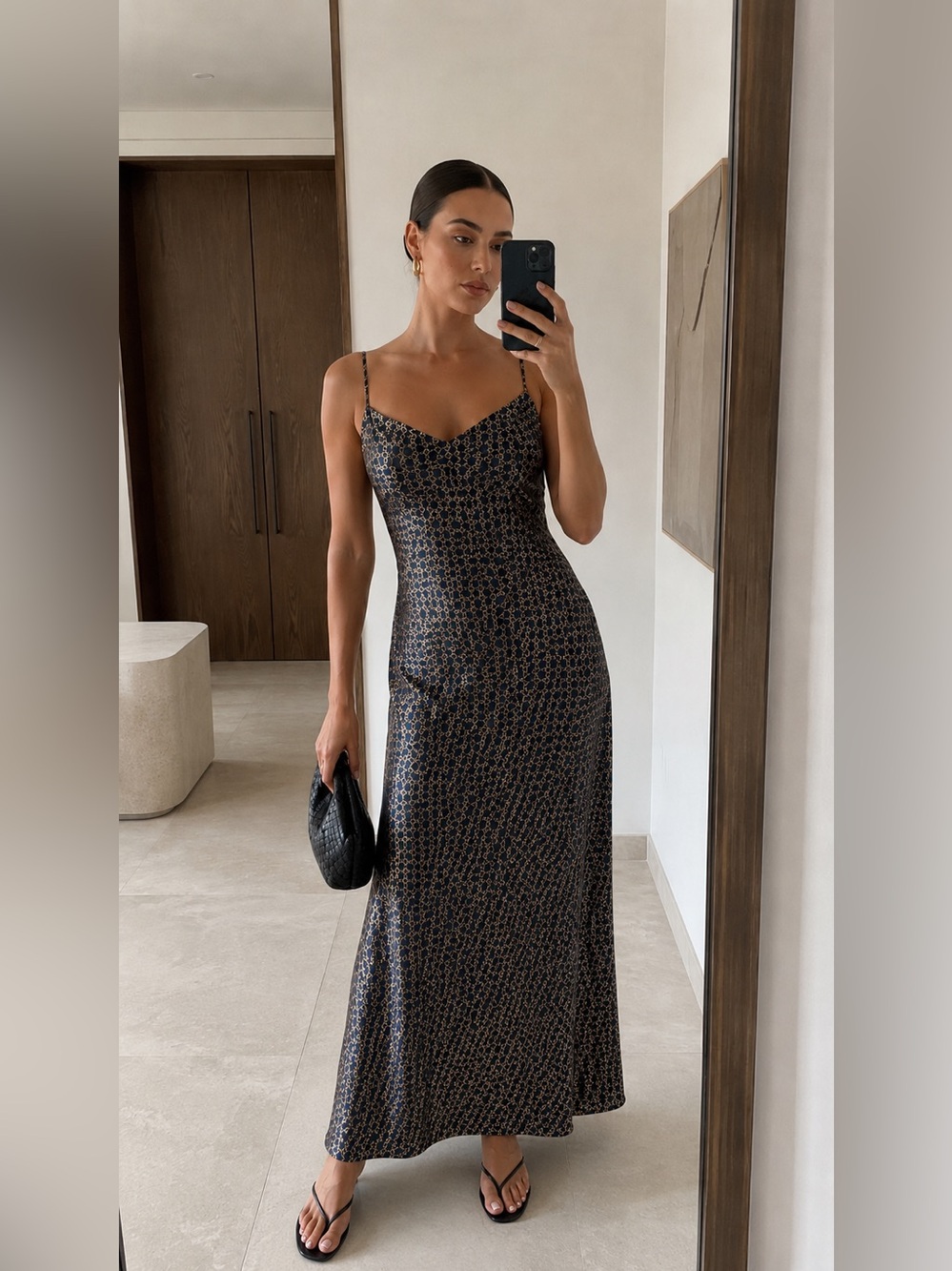 Michael Michael Kors Navy Gold Chain Print Stretch Maxi Slip Dress Size S